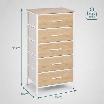 Comodă cu 5 sertare din material textil, aspect lemn, 94x45x30 cm