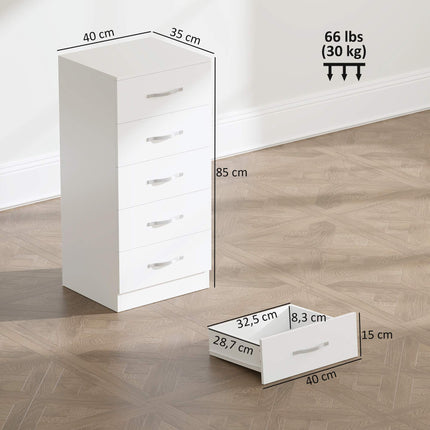 Comodă albă cu 5 sertare, PAL, design care economisește spațiu