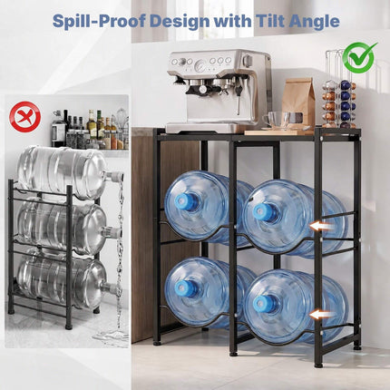 5 Gallon Water Jug Holder for 4 Bottles with Top Shelf, Black, Carbon Steel