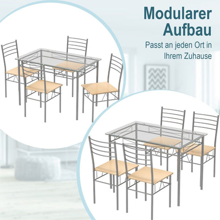 Set de sufragerie din 5 piese Masa dreptunghiulara din sticla cu 4 scaune si cadru metalic rezistent la rugină