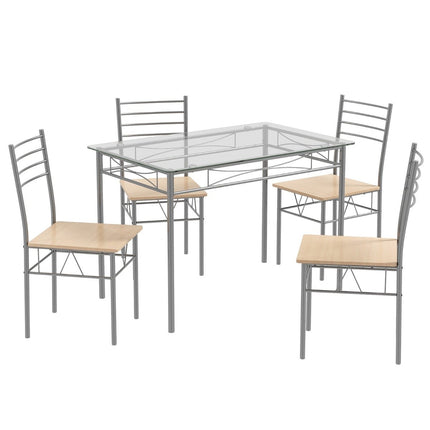 Set de sufragerie din 5 piese Masa dreptunghiulara din sticla cu 4 scaune si cadru metalic rezistent la rugină