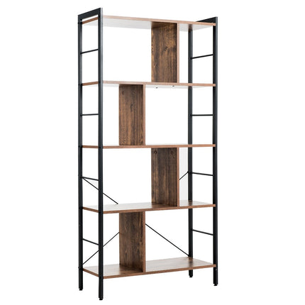 Raft pentru cărți cu 5 niveluri, cu cadru metalic, din lemn, 74 x 30 x 154,5 cm maro