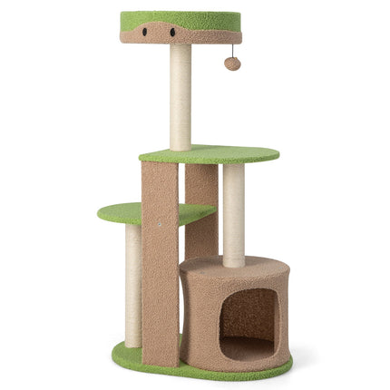 Turn pentru pisici cu 5 niveluri, cu stâlpi din sisal, verde