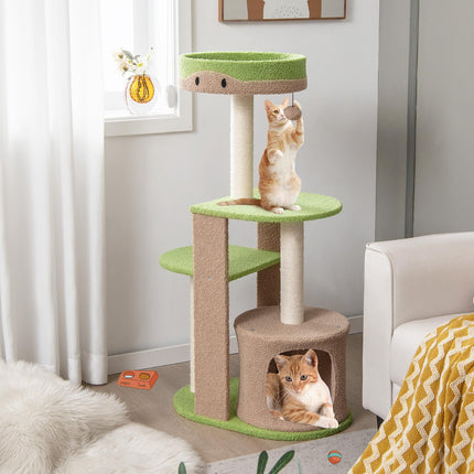 Turn pentru pisici cu 5 niveluri, cu stâlpi din sisal, verde