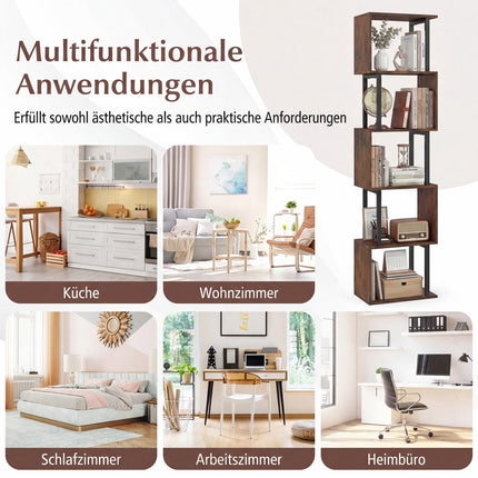 Raft de cărți geometric cu 5 niveluri și sistem anti-răsturnare, maro rustic