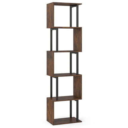 Raft de cărți geometric cu 5 niveluri și sistem anti-răsturnare, maro rustic