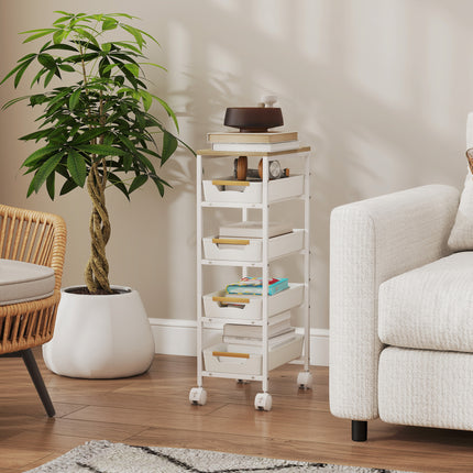5-Tier Kitchen Cart, Wood Look, Metal Frame, 4 Drawers