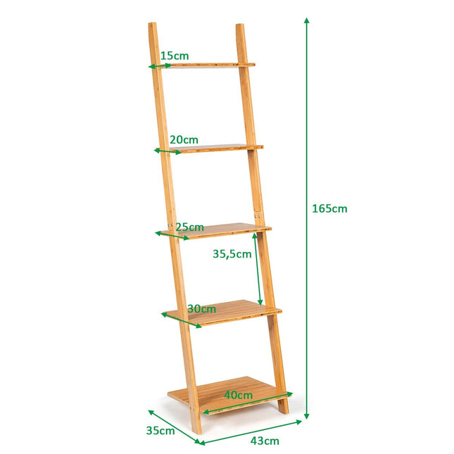 5 Tier Ladder Shelf Made of Bamboo Narrow Bookcase Standing Shelf 43 x 35 x 165 cm Natural