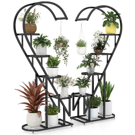 Suport metalic pentru plante, cu 5 niveluri, în formă de inimă, cu cârlige, 71 x 30,5 x 148 cm, negru