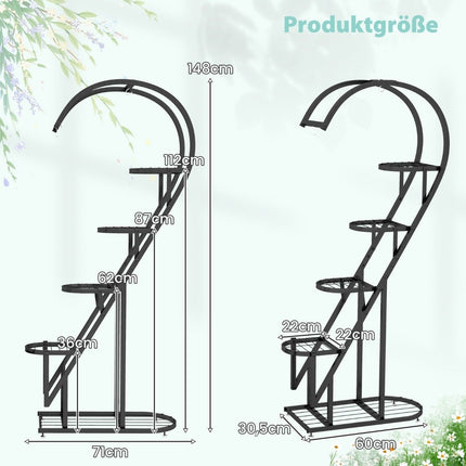 Suport metalic pentru plante, cu 5 niveluri, în formă de inimă, cu cârlige, 71 x 30,5 x 148 cm, negru