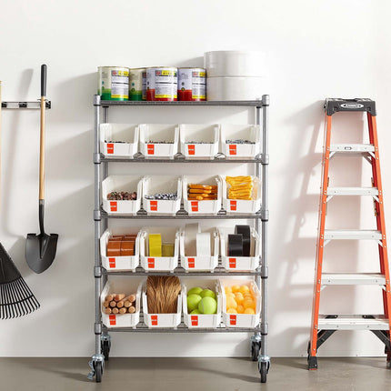 5-Tier Rolling Bin Storage Rack, 16 Bins, Steel with Wheels
