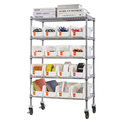 5-Tier Rolling Bin Storage Rack, 16 Bins, Steel with Wheels