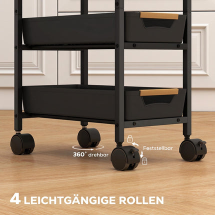 5-Tier Rolling Kitchen Trolley with 4 Drawers, Wood-Look Top, Black