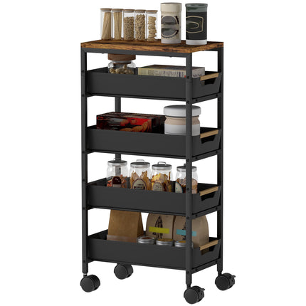 5-Tier Rolling Kitchen Trolley with 4 Drawers, Wood-Look Top, Black