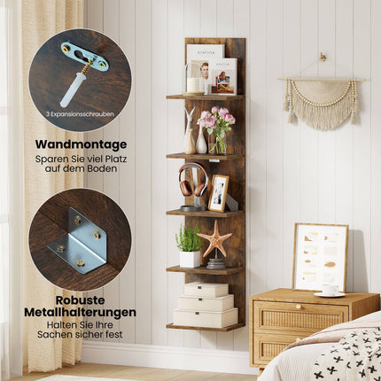 Raft de perete din lemn cu 5 niveluri, maro rustic