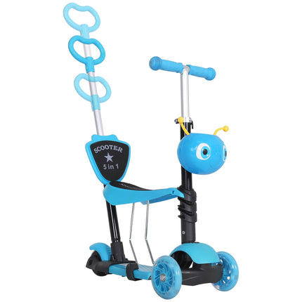 5-in-1 Kids Scooter with Removable Seat and Push Handle, Blue, Height Adjustable