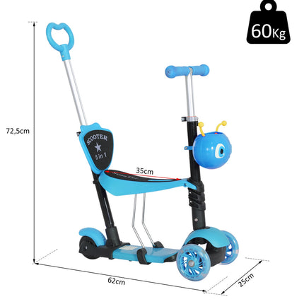 5-in-1 Kids Scooter with Removable Seat and Push Handle, Blue, Height Adjustable