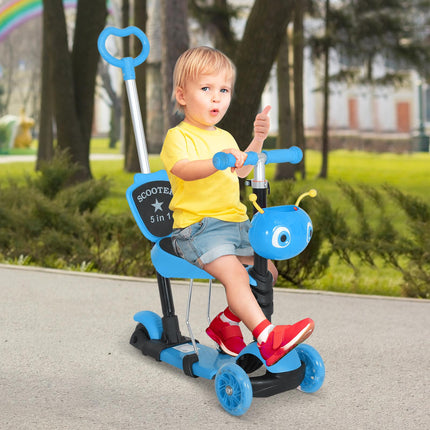 5-in-1 Kids Scooter with Removable Seat and Push Handle, Blue, Height Adjustable