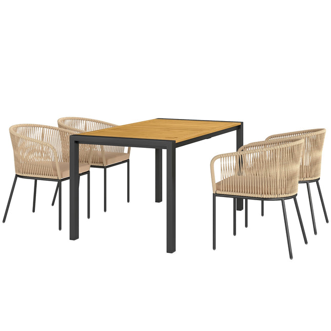 Set mobilier de gradina din polirattan 5 piese pentru 4 persoane, mobilier de balcon rezistent la intemperii cu masa, 4 scaune, perne de scaun detasabile, set de mobilier de exterior pentru terasa pentru balcon, gradina, lemn natural + kaki |