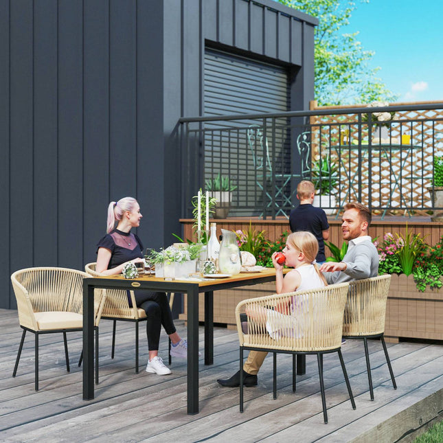 Set mobilier de gradina din polirattan 5 piese pentru 4 persoane, mobilier de balcon rezistent la intemperii cu masa, 4 scaune, perne de scaun detasabile, set de mobilier de exterior pentru terasa pentru balcon, gradina, lemn natural + kaki |