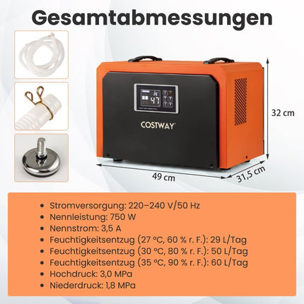 Dezumidificator industrial de 60 l/zi cu furtun de scurgere și temporizator