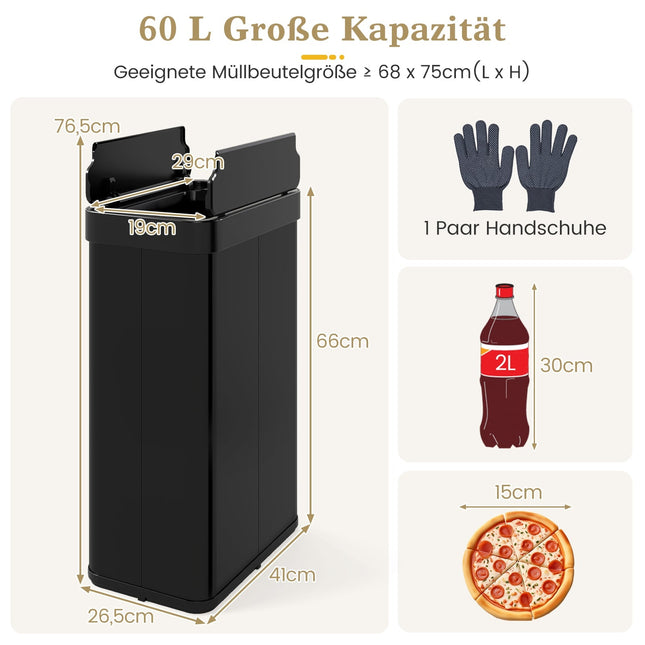 Coș de gunoi cu senzor fără atingere, 60 l, oțel inoxidabil, negru