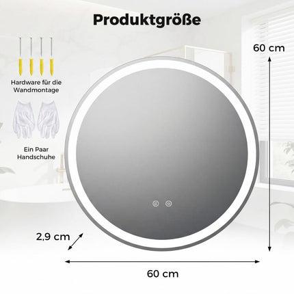 Oglindă rotundă de baie cu LED, 60 cm, cu luminozitate reglabilă