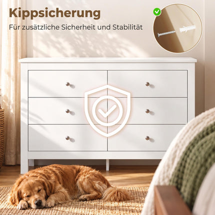 6-Drawer Chest of Drawers 118 x 39.5 x 75.5 cm, Smooth Runners, White