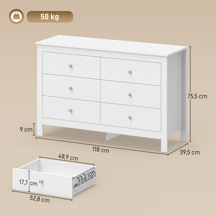 6-Drawer Chest of Drawers 118 x 39.5 x 75.5 cm, Smooth Runners, White