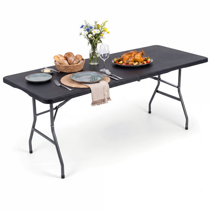 Masă de camping pliabilă de 1,8 m, HDPE neagră, picioare metalice