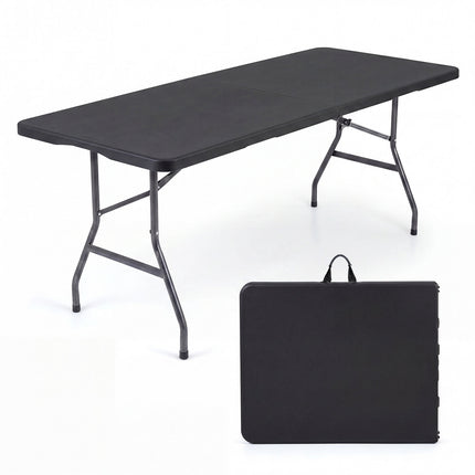 Masă de camping pliabilă de 1,8 m, HDPE neagră, picioare metalice
