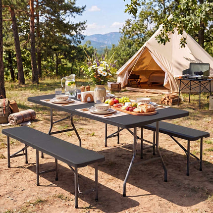 Masă de camping pliabilă de 1,8 m, HDPE neagră, picioare metalice