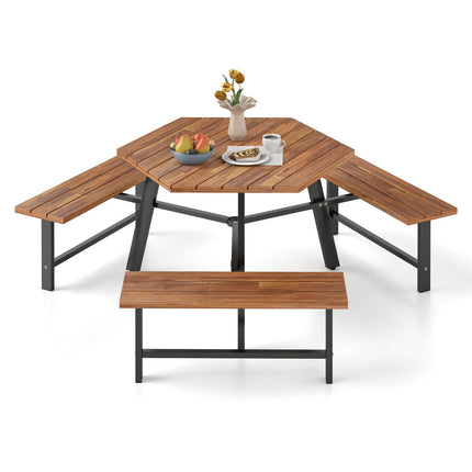 Set masă de picnic din lemn de salcâm pentru 6 persoane cu orificiu pentru umbrelă