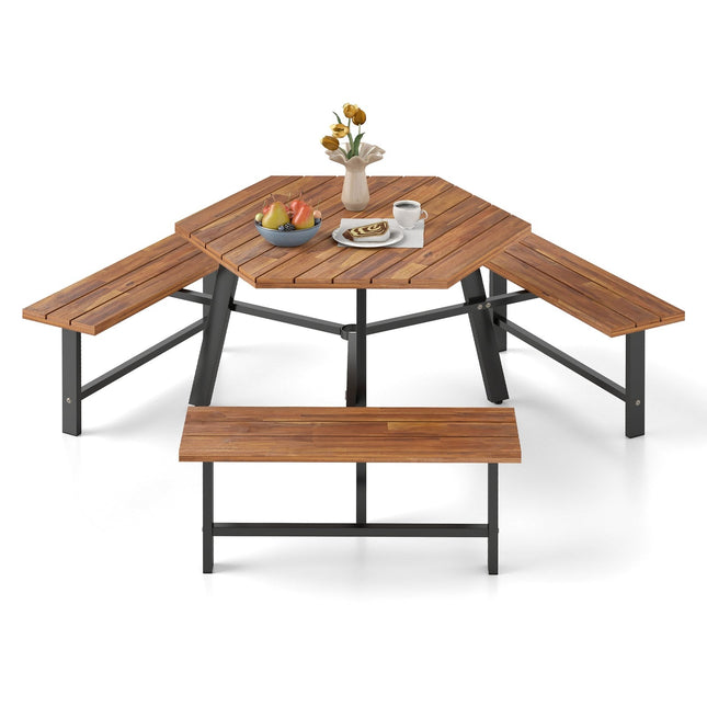 Set masă de picnic din lemn de salcâm pentru 6 persoane cu orificiu pentru umbrelă