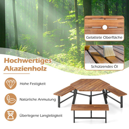 Set masă de picnic din lemn de salcâm pentru 6 persoane cu orificiu pentru umbrelă