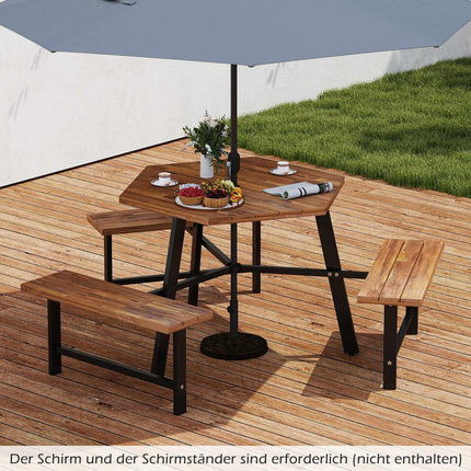 Set masă de picnic din lemn de salcâm pentru 6 persoane cu orificiu pentru umbrelă