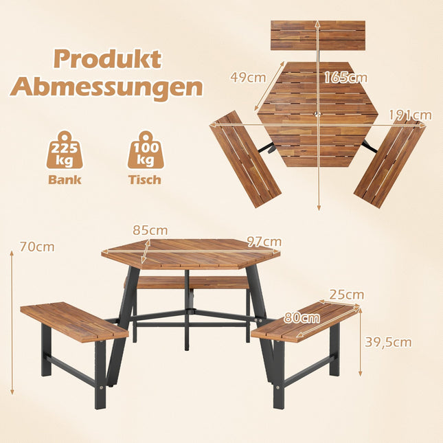 Set masă de picnic din lemn de salcâm pentru 6 persoane cu orificiu pentru umbrelă
