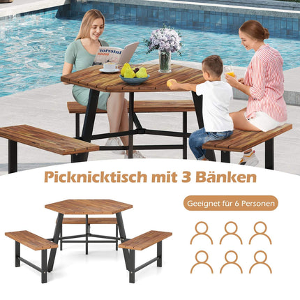 Set masă de picnic din lemn de salcâm pentru 6 persoane cu orificiu pentru umbrelă