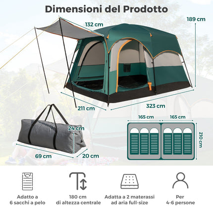 Cort de camping pentru 6 persoane cu separator, prelată de ploaie și geantă de transport