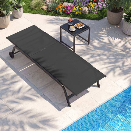 Set șezlong exterior cu 6 poziții, roți și masă