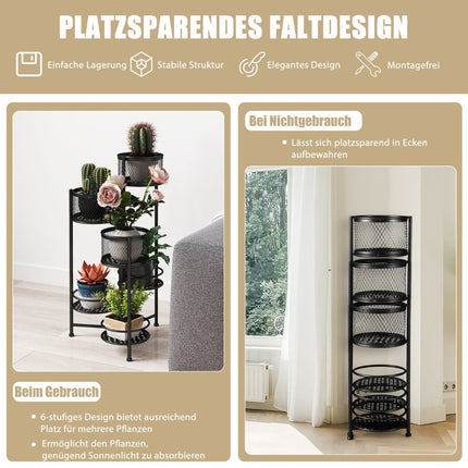 Suport metalic pentru plante cu 6 niveluri, cu design rotativ, scari pentru flori Suport pentru ghiveci negru