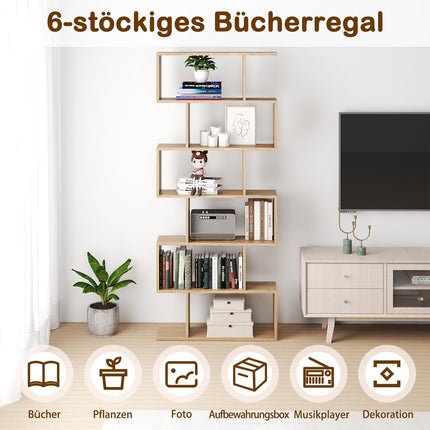 6-Tier S-Shaped Bookshelf, Freestanding Divider, Wood