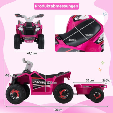 ATV electric pentru copii de 6V cu remorcă, roz, vârste 3+