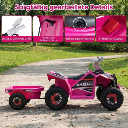 ATV electric pentru copii de 6V cu remorcă, roz, vârste 3+
