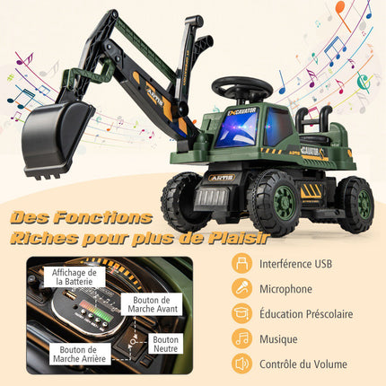 Excavator pentru copii de 6 V, scaun rotativ, muzică