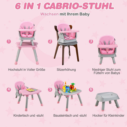 Scaun înalt pentru bebeluși 6 în 1 Scaun înalt și scaun de sufragerie și masă de învățare și masă bloc de construcție 58 x 58 x 98 cm roz
