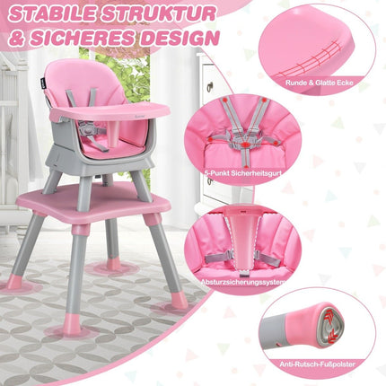 Scaun înalt pentru bebeluși 6 în 1 Scaun înalt și scaun de sufragerie și masă de învățare și masă bloc de construcție 58 x 58 x 98 cm roz
