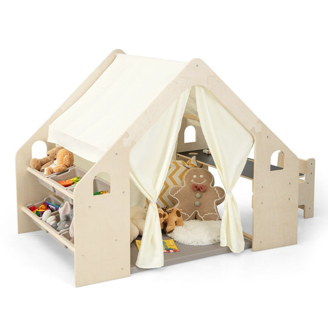 6-in-1 wooden children's tent with children's table & chair & mat & blackboard playhouse 145 x 98 x 113 cm