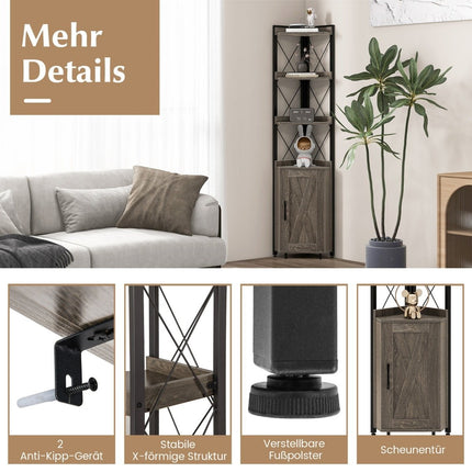Bibliotecă cu 6 niveluri, dulap industrial înalt, îngust cu 4 rafturi, 48 x 32 x 180 cm, gri rustic