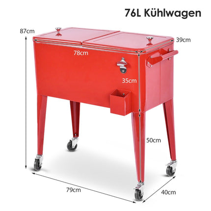 76L cărucior frigider cu roți cărucior lateral ladă frigorifică mobil cărucior băuturi 91 x 48 x 87 cm roșu